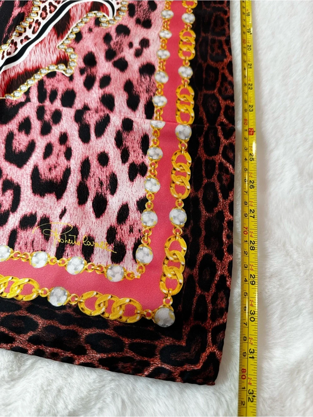 Roberto Cavalli Pink Leopard Print Silk Scarf with Gold Chain Motif